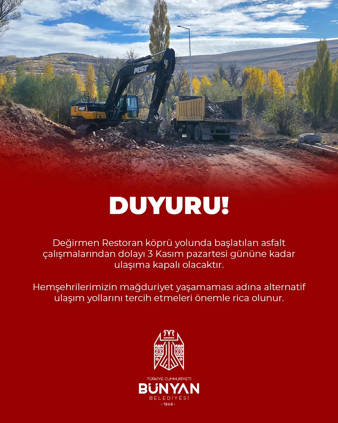 Bünyan'da Değirmen Restoran Yolu Asfalt Çalışması Nedeniyle Kapalı