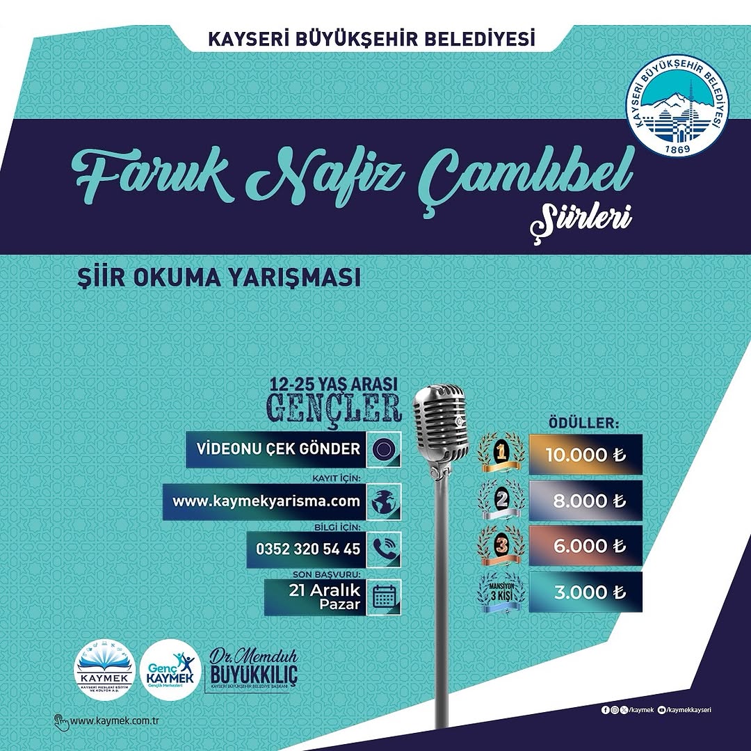 Kayseri'de Gençler İçin Faruk Nafiz Çamlıbel Şiir Okuma Yarışması Başlıyor