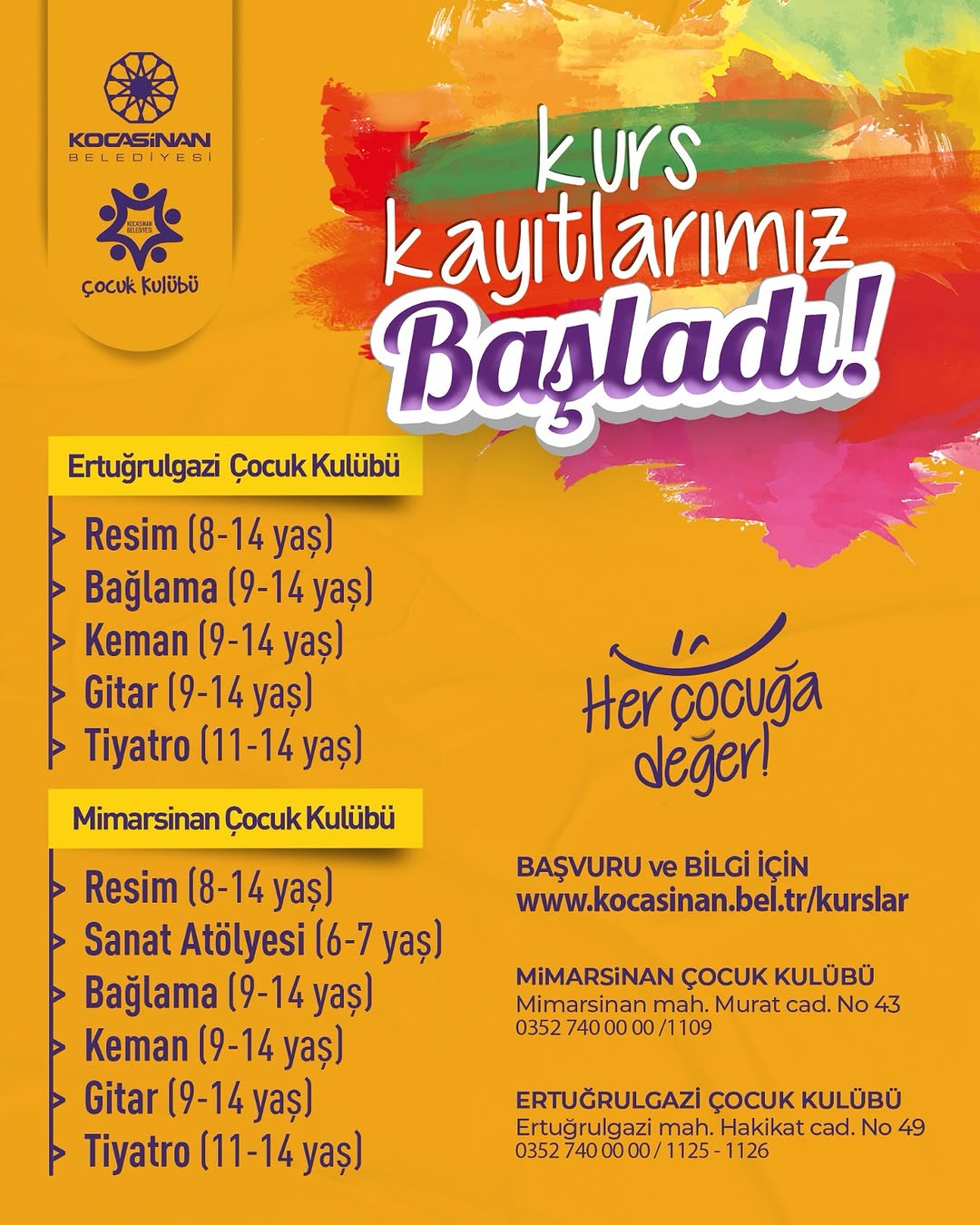 Kocasinan Belediyesi Çocuk Kulübü'nde Yeni Dönem Kurs Kayıtları Başladı