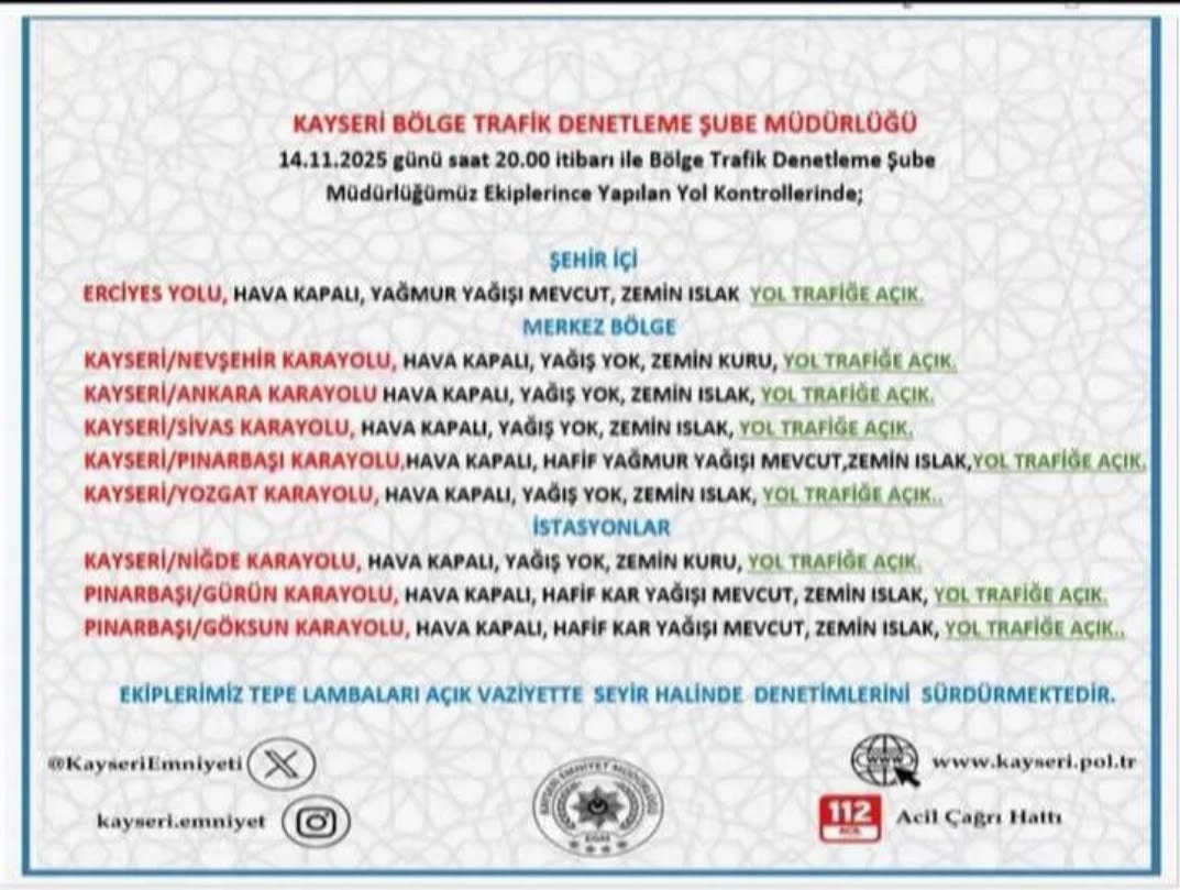 Kayseri'de Yol ve Hava Durumu Bilgilendirmesi