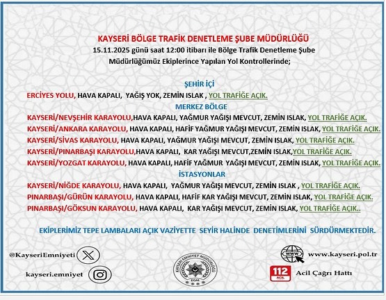 Kayseri'de 15 Kasım'da Yol ve Hava Durumu Bilgilendirmesi