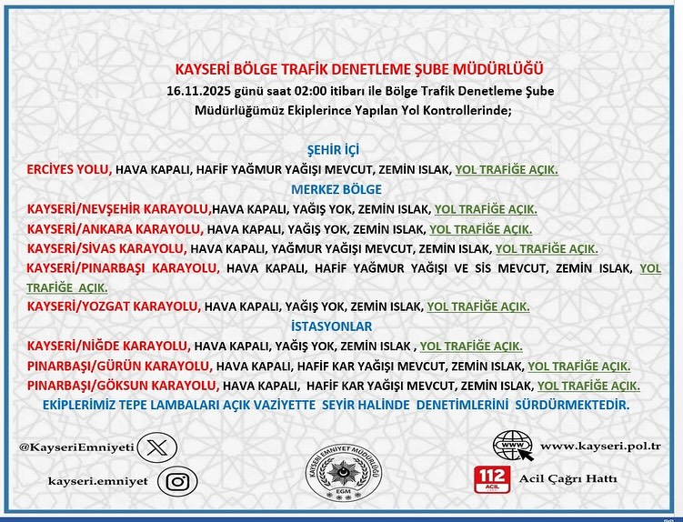 Kayseri'de Yol ve Hava Durumu Bilgilendirmesi