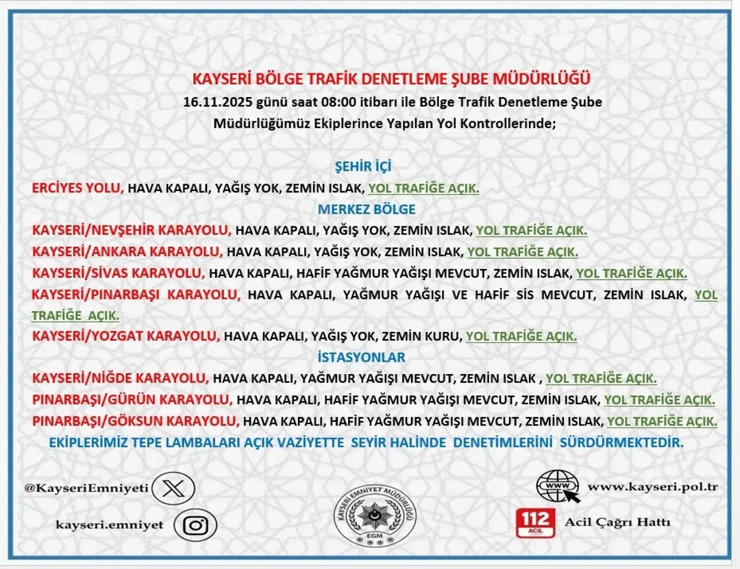 Kayseri'de 16 Kasım'da Yol ve Hava Durumu Bilgilendirmesi