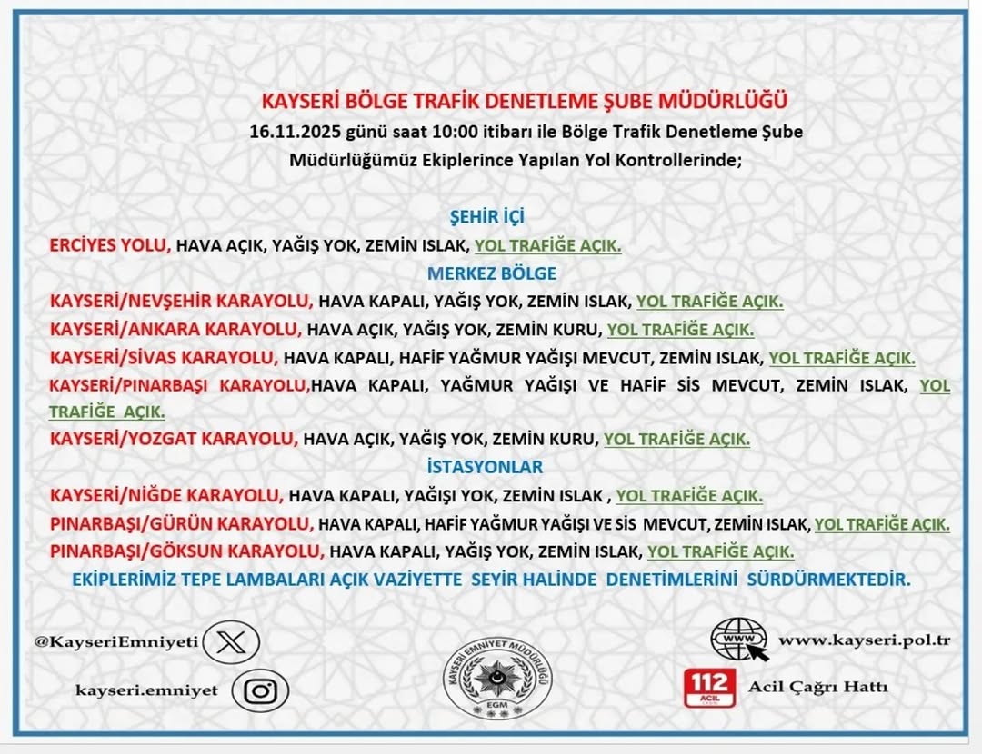 Kayseri'de 16 Kasım 2025 Tarihinde Yol ve Hava Durumu Bilgilendirmesi