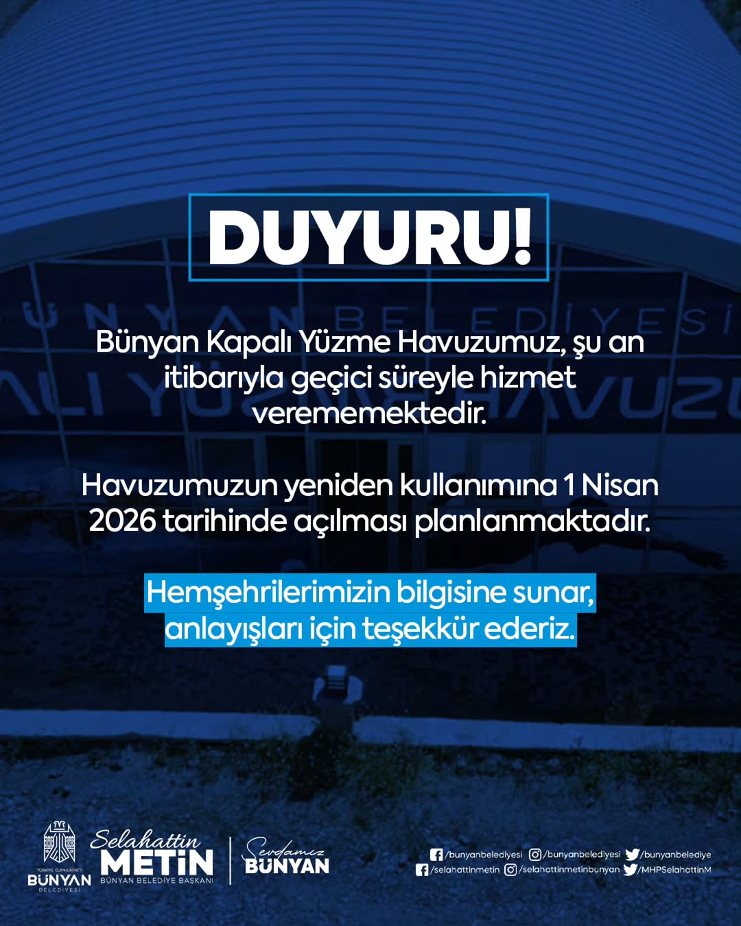 Bünyan Yüzme Havuzu 1 Nisan 2026'a Kadar Hizmet Dışı