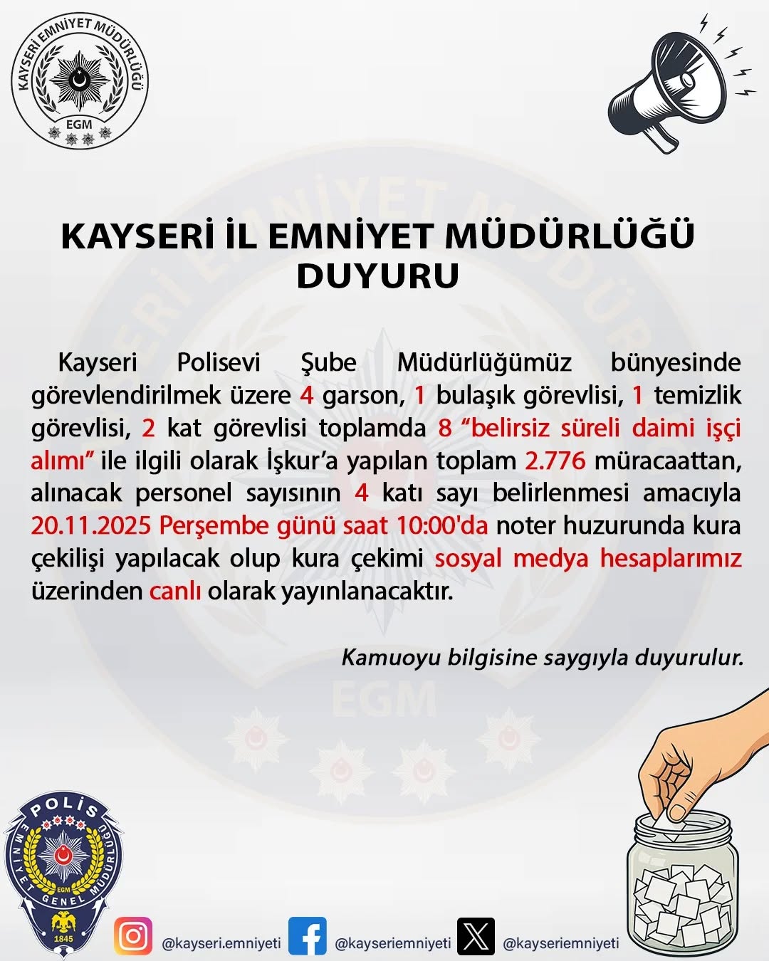 Kayseri Emniyet Müdürlüğü'nden Kamuoyu Duyurusu