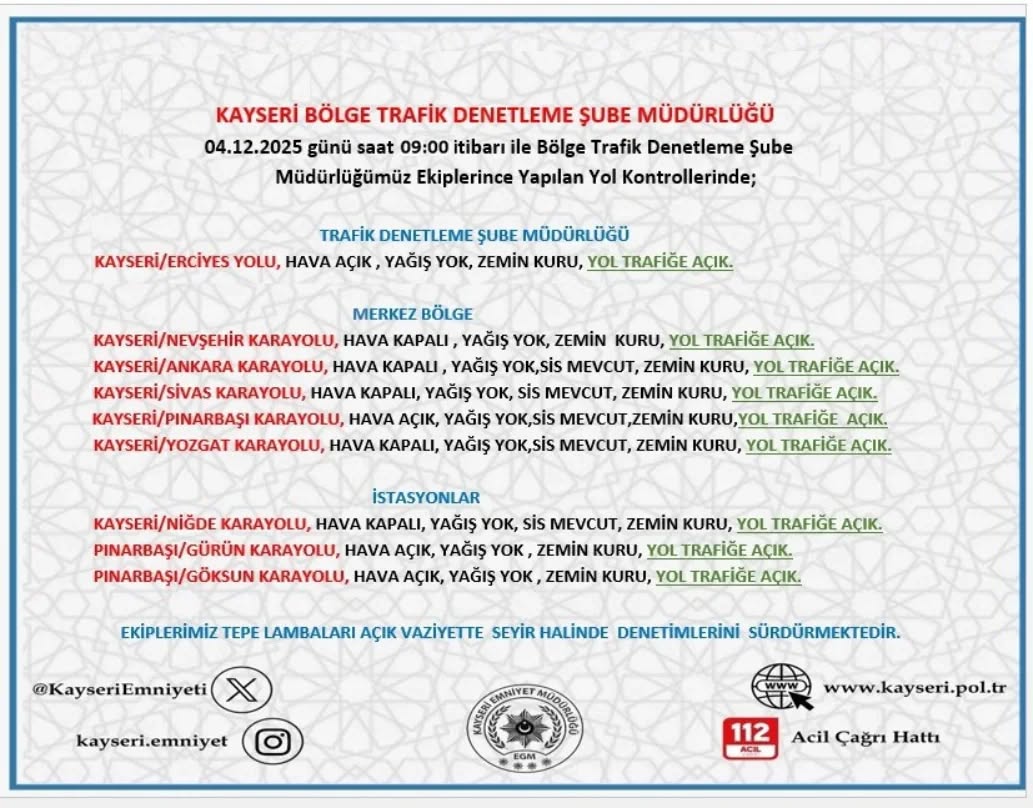 Kayseri'de 4 Aralık 2025 Yol ve Hava Durumu Bilgilendirmesi