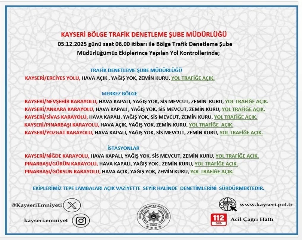 Kayseri'de 5 Aralık 2025 Trafik ve Hava Durumu Bilgilendirmesi