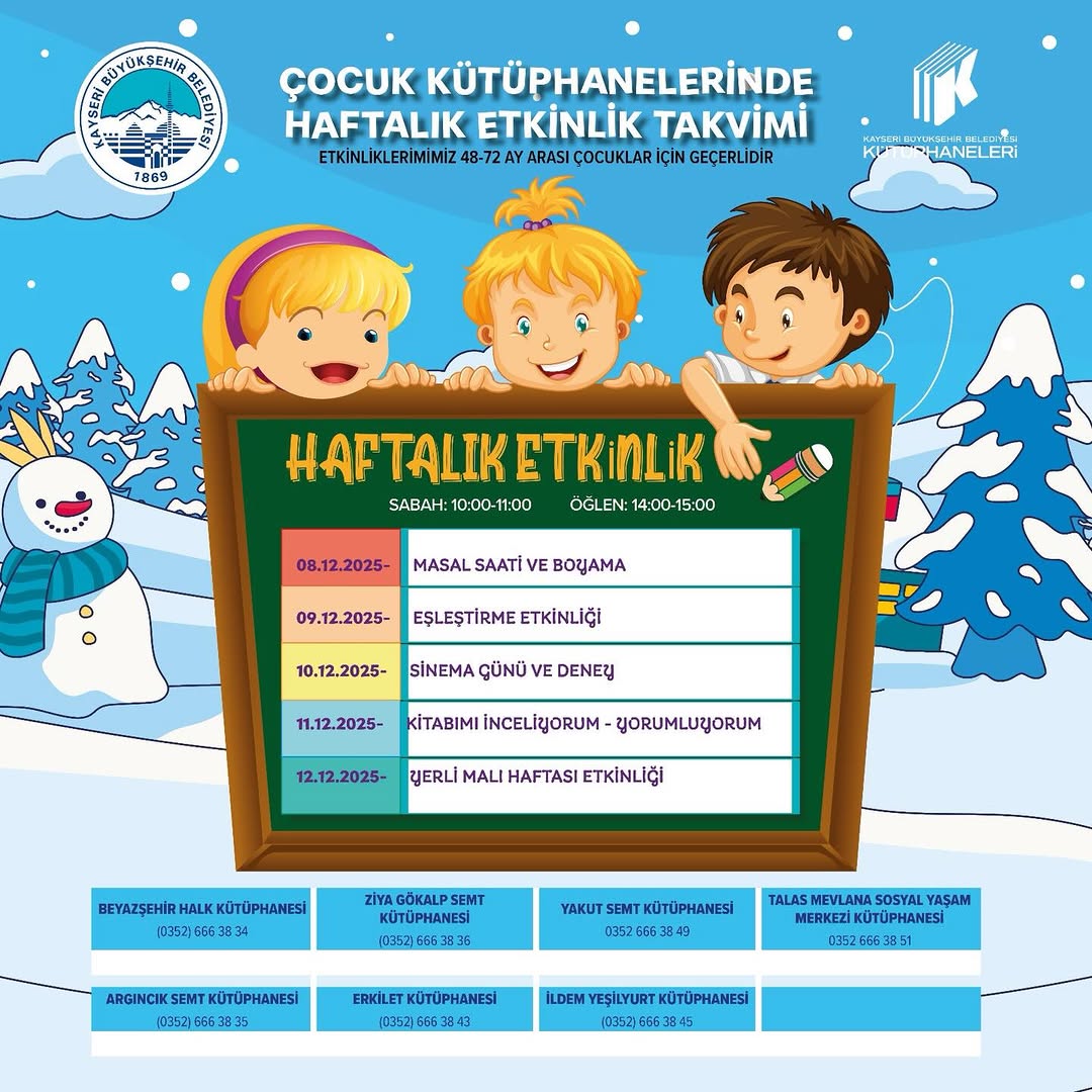 Kayseri'de Çocuk Kütüphaneleri Aralık Ayını Etkinliklerle Renklendiriyor