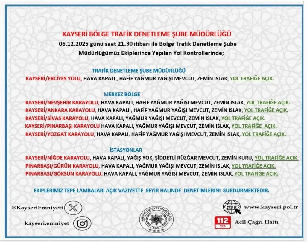 Kayseri'de 6 Aralık Akşamı Yol ve Hava Durumu Bilgilendirmesi