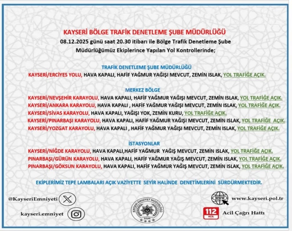 Kayseri'de 8 Aralık 2025 Akşamı Yol ve Hava Durumu Uyarısı