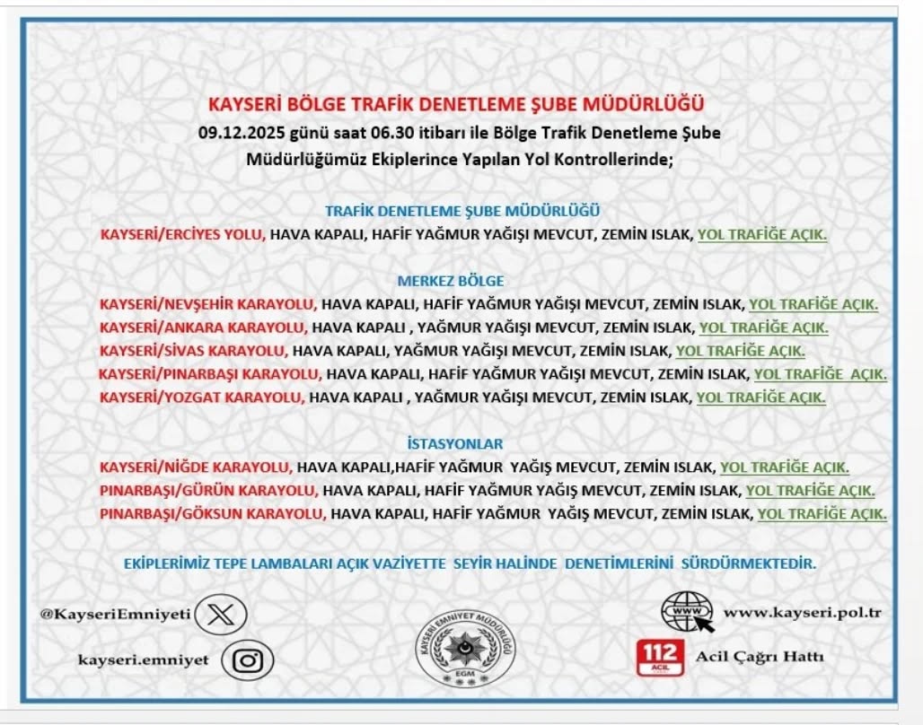 Kayseri'de 9 Aralık 2025 Yol ve Hava Durumu: Sabah Saatlerinde Alınması Gereken Önlemler