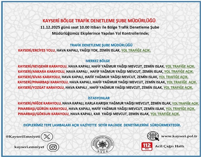 Kayseri'de 11 Aralık 2025 Yol ve Hava Durumu Bilgilendirmesi