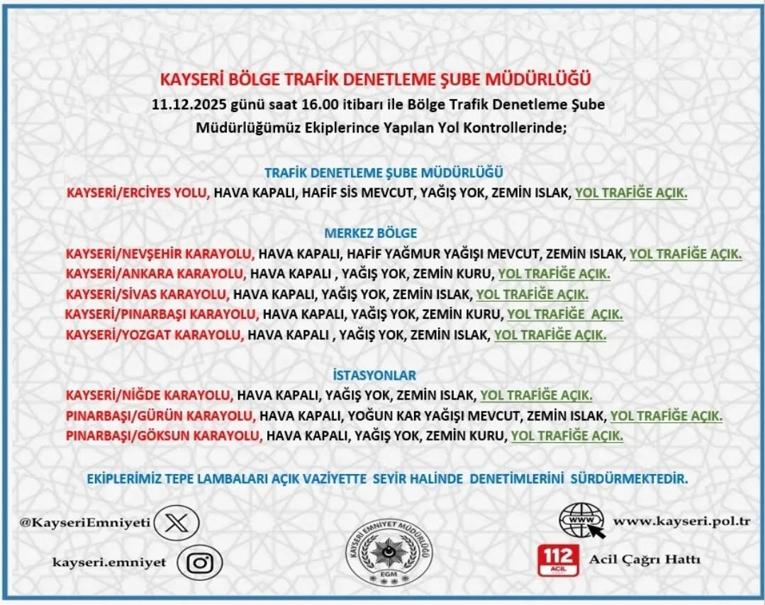 Kayseri'de 11 Aralık 2025 Yol ve Hava Durumu Bilgilendirmesi