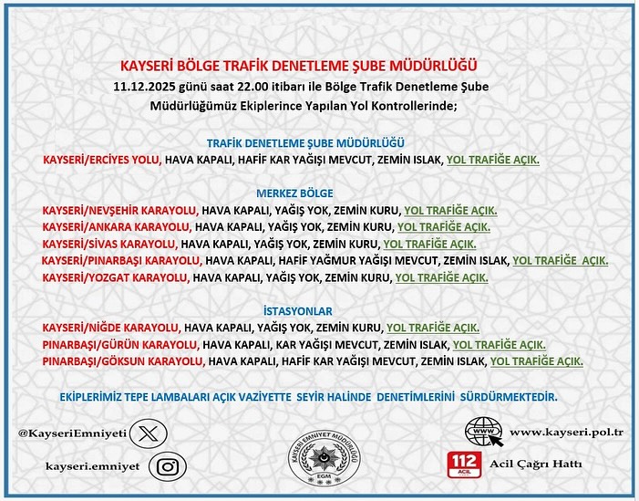 Kayseri'de 11 Aralık Akşamı Yol ve Hava Durumu Uyarısı