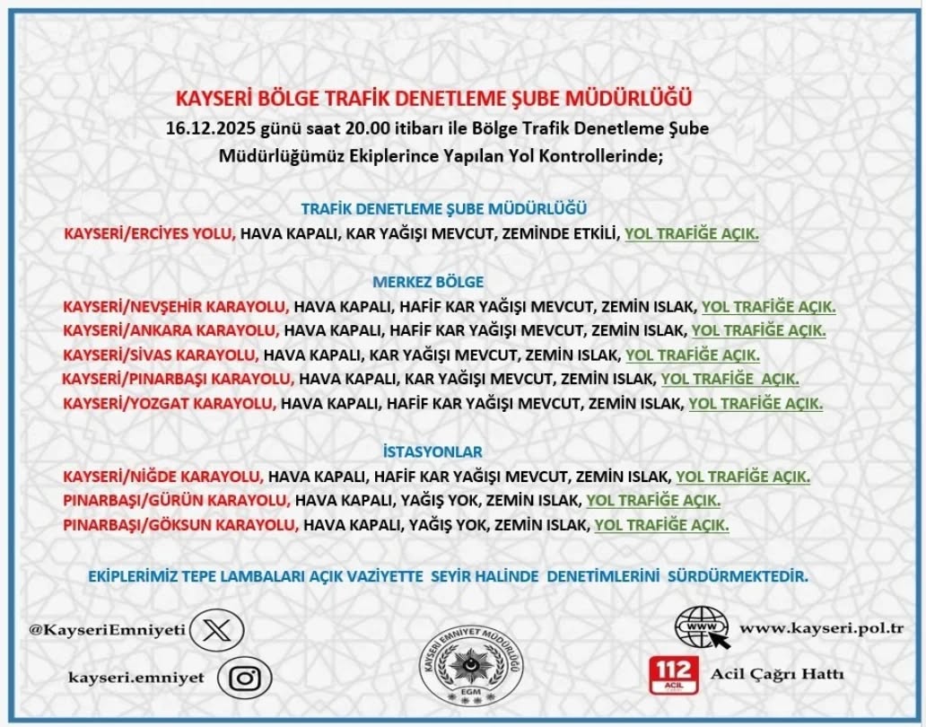 Kayseri'de 16 Aralık Akşamı Yol ve Hava Durumu Değerlendirmesi