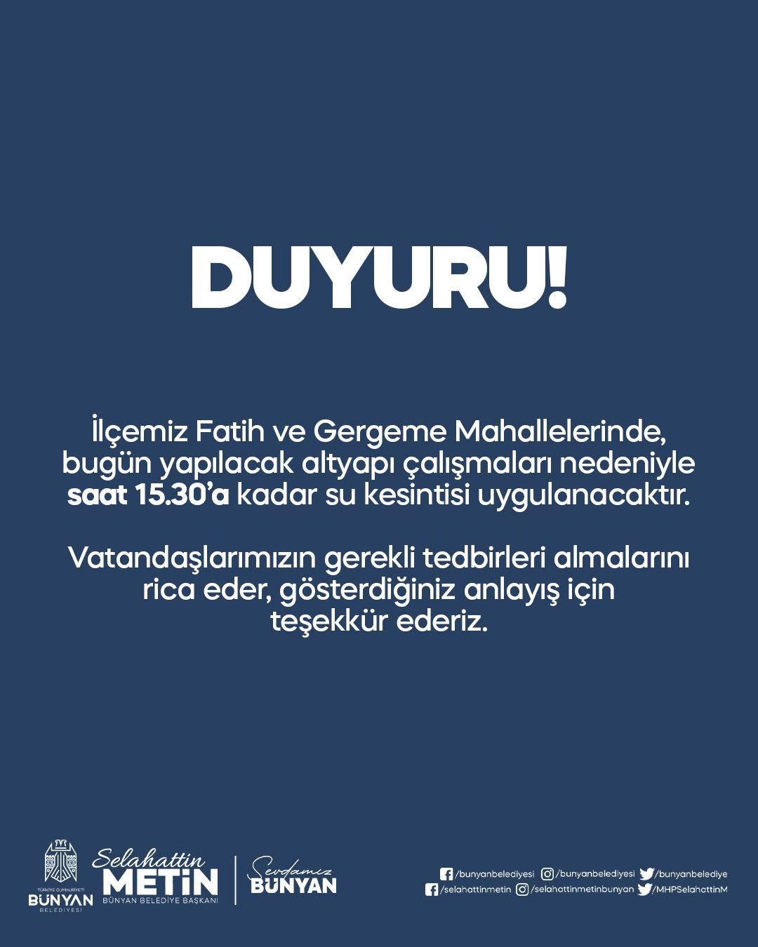 Bünyan'da Altyapı Çalışması Nedeniyle Su Kesintisi Uygulanacak