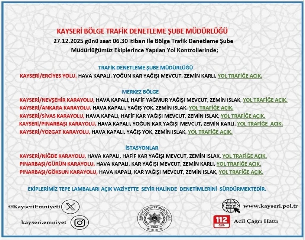 Kayseri'de 27 Aralık Sabahı Yol ve Hava Durumu: Kar Yağışı ve Buzlanma Uyarısı