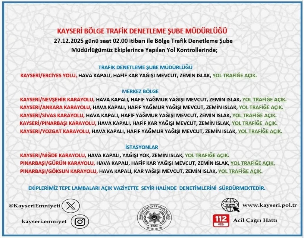 Kayseri'de Yol ve Hava Durumu: 27 Aralık Sabahına Önemli Uyarı