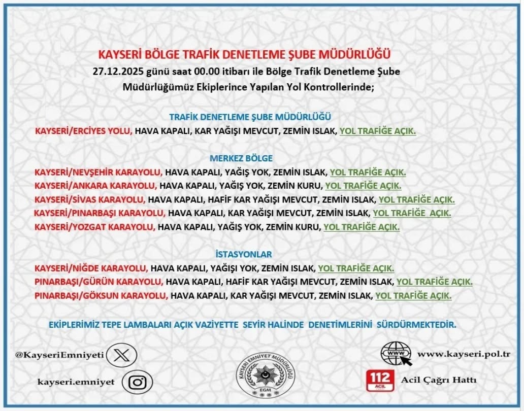 Kayseri'de 27 Aralık Yol ve Hava Durumu: Kar Yağışı ve Buzlanma Uyarısı