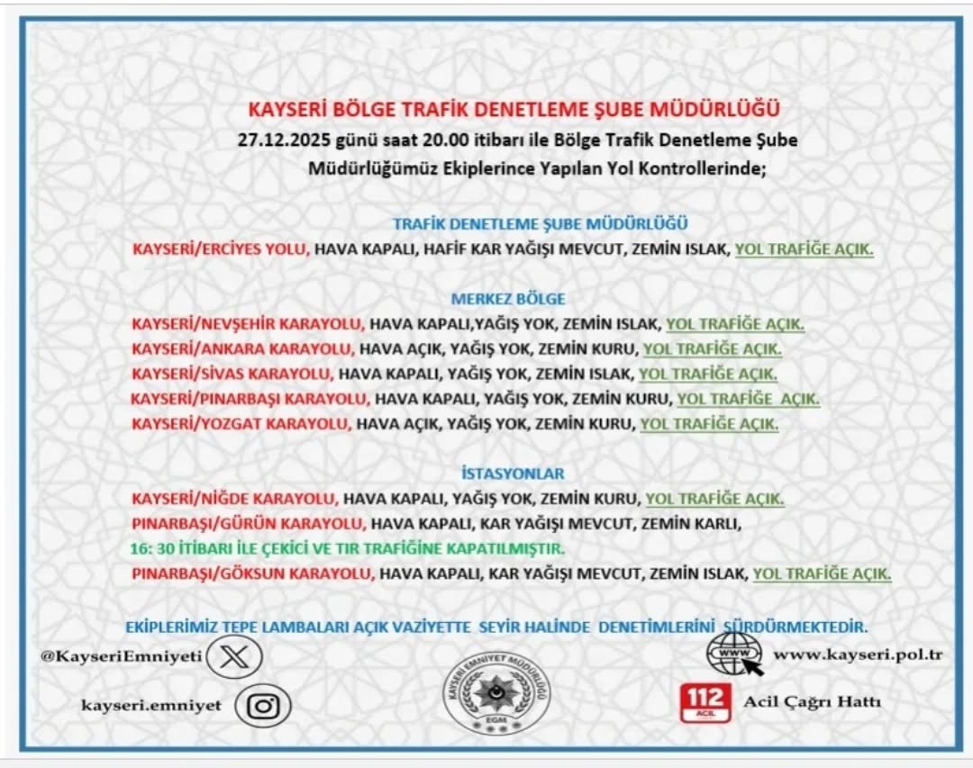 Kayseri'de 27 Aralık Akşamı Yol ve Hava Durumu Değerlendirmesi