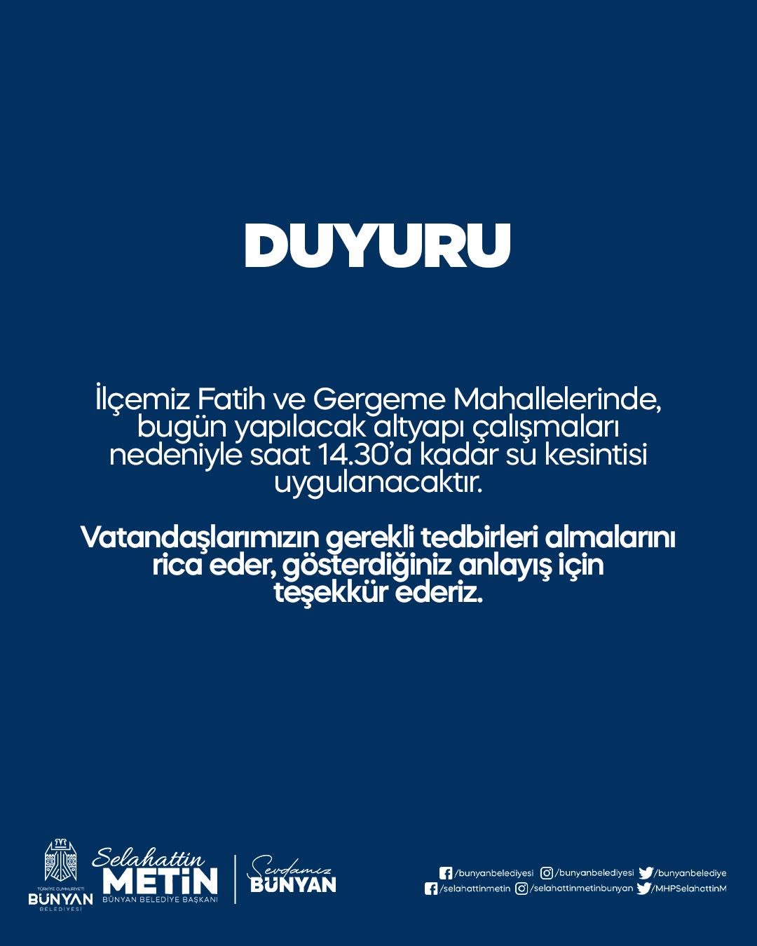 Bünyan'da Altyapı Çalışması Nedeniyle Su Kesintisi Uygulanacak