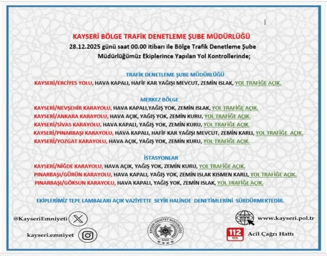 Kayseri'de 28 Aralık 2025 Tarihli Yol ve Hava Durumu Bilgilendirmesi