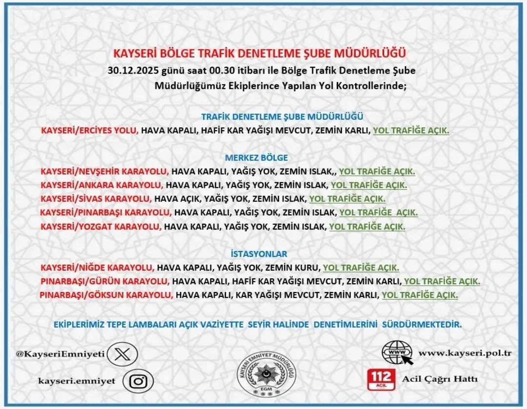 Kayseri'de 30 Aralık Gece Yarısı Yol ve Hava Durumu Değerlendirmesi