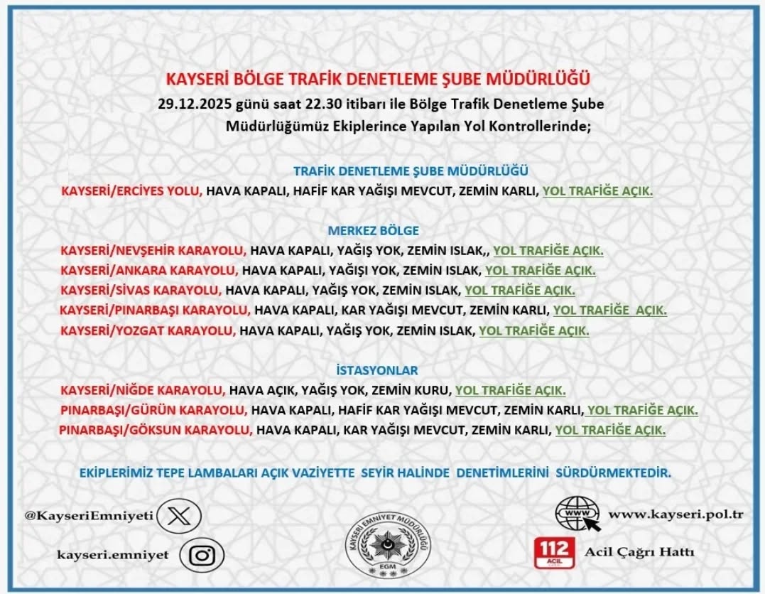 Kayseri'de 29 Aralık Akşamı Yol ve Hava Durumu Uyarısı