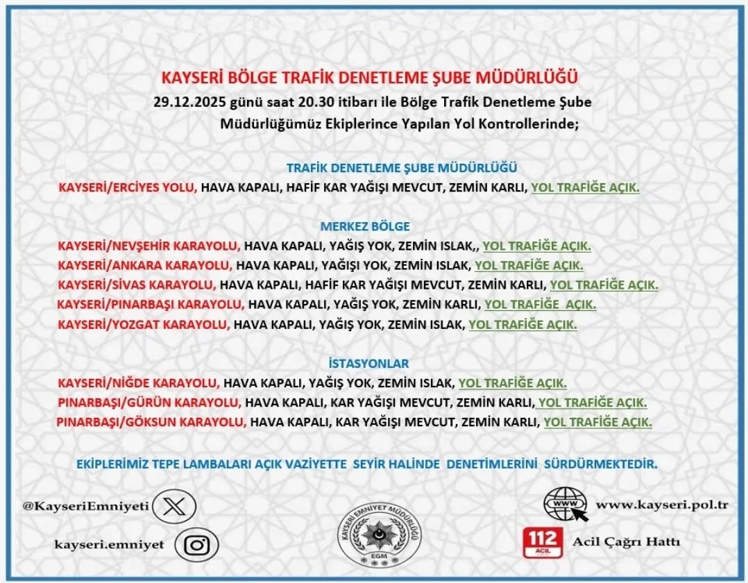 Kayseri'de 29 Aralık Akşamı Yol ve Hava Durumu Uyarısı