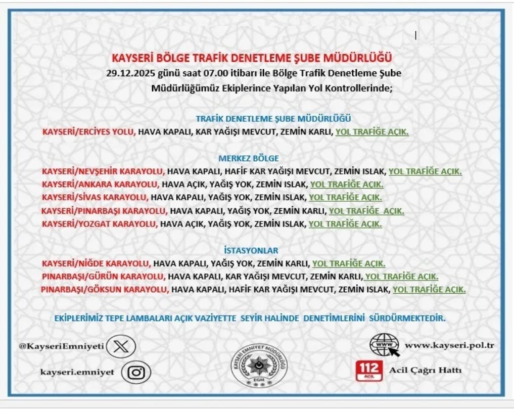 Kayseri'de 29 Aralık Sabahı Yol ve Hava Durumu: Kar Yağışı ve Buzlanma Uyarısı
