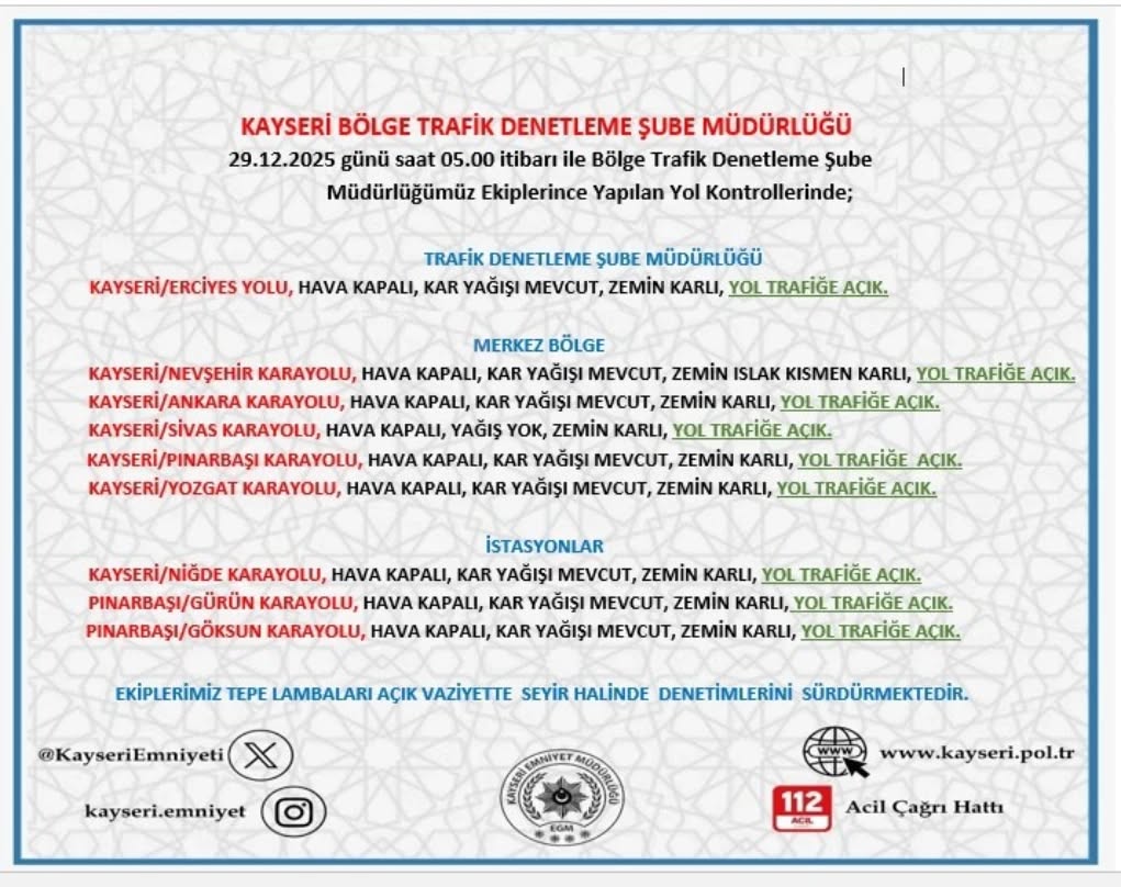 Kayseri'de 29 Aralık Yol ve Hava Durumu: Trafik Ekipleri Seyahat Öncesi Uyardı