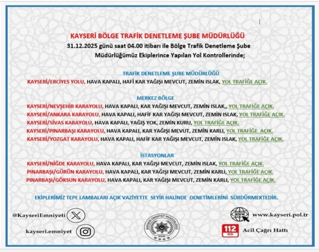 Kayseri'de 31 Aralık Sabahı Yol ve Hava Durumu: Yoğun Kar ve Buzlanma Uyarısı