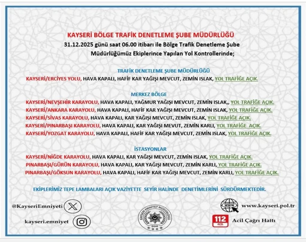 Kayseri'de 31 Aralık Sabahı Yol ve Hava Durumu: Yoğun Kar ve Buzlanma Uyarısı