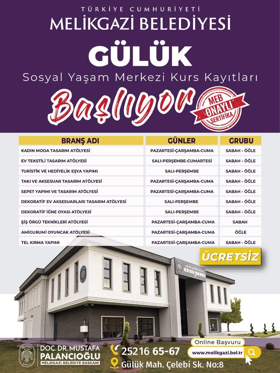 Melikgazi Belediyesi'nde Ücretsiz Mesleki Kurs Kayıtları Başlıyor