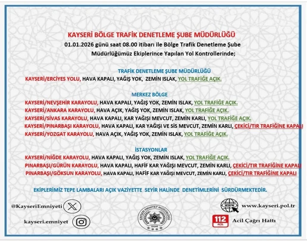 Kayseri'de 1 Ocak 2026 Sabahı Yol ve Hava Durumu Değerlendirmesi