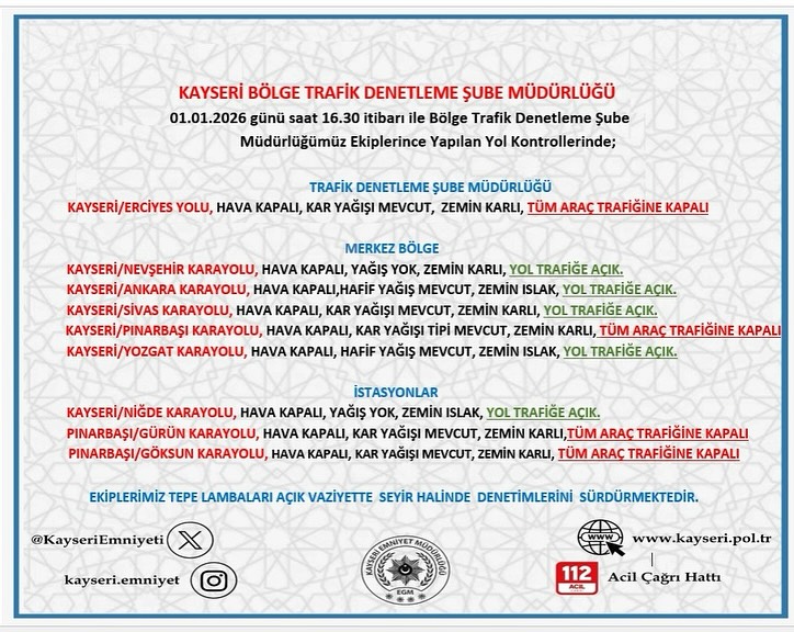 Kayseri'de 1 Ocak 2026 Yol ve Hava Durumu Değerlendirmesi