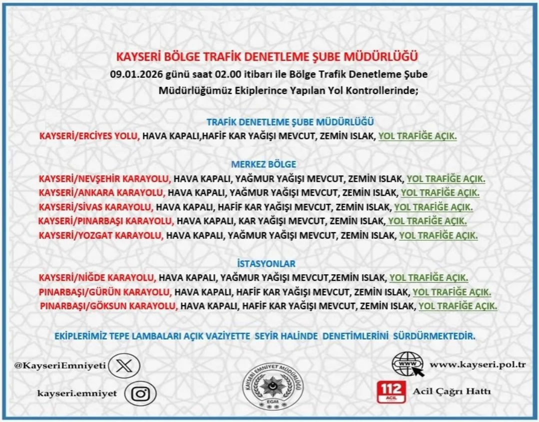 Kayseri'de Gece Saatlerinde Yol ve Hava Durumu Bilgilendirmesi
