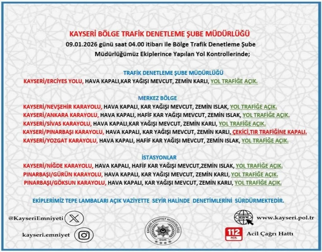 Kayseri'de Yol ve Hava Durumu: 9 Ocak Sabahına İlişkin Güncel Bilgiler