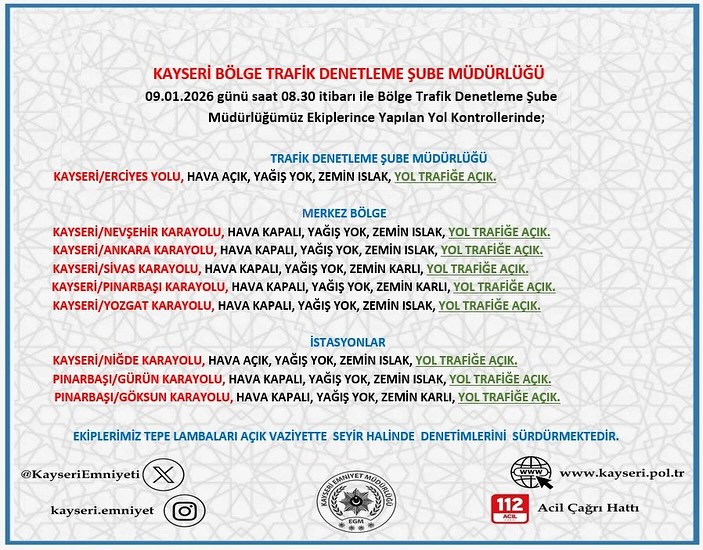 Kayseri'de Karlı Hava ve Yol Durumu: 9 Ocak Cumartesi Sabahı