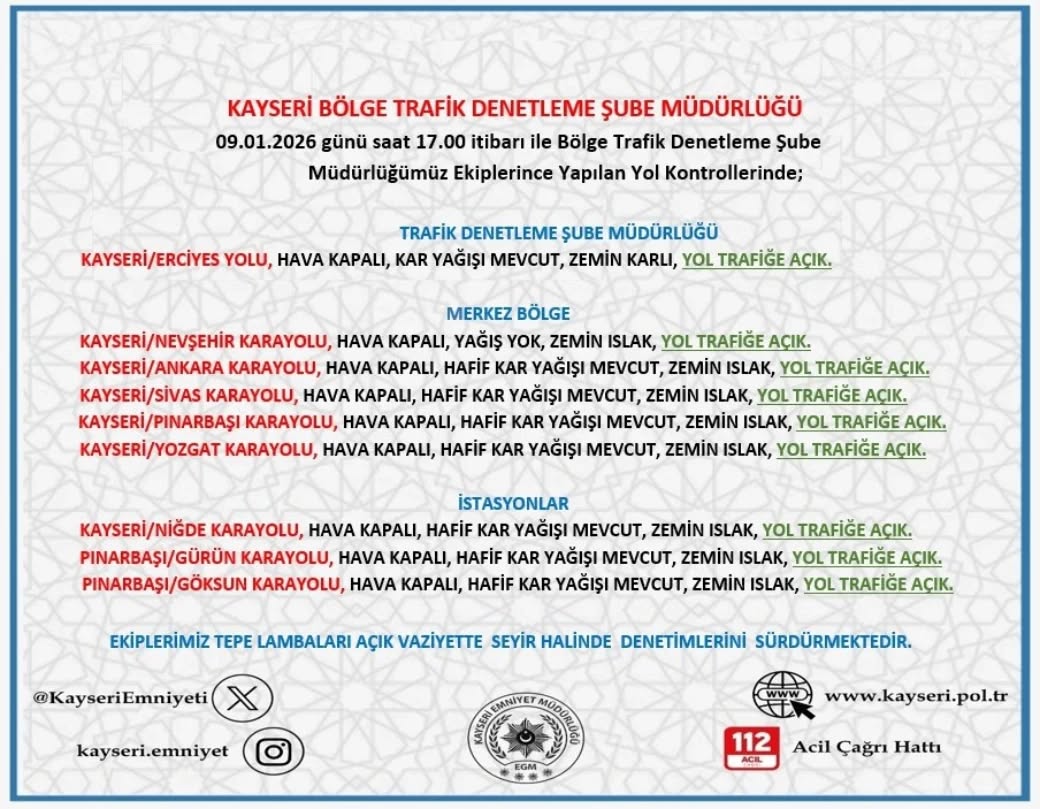 Kayseri'de 9 Ocak Akşamı Yol ve Hava Durumu Değerlendirmesi