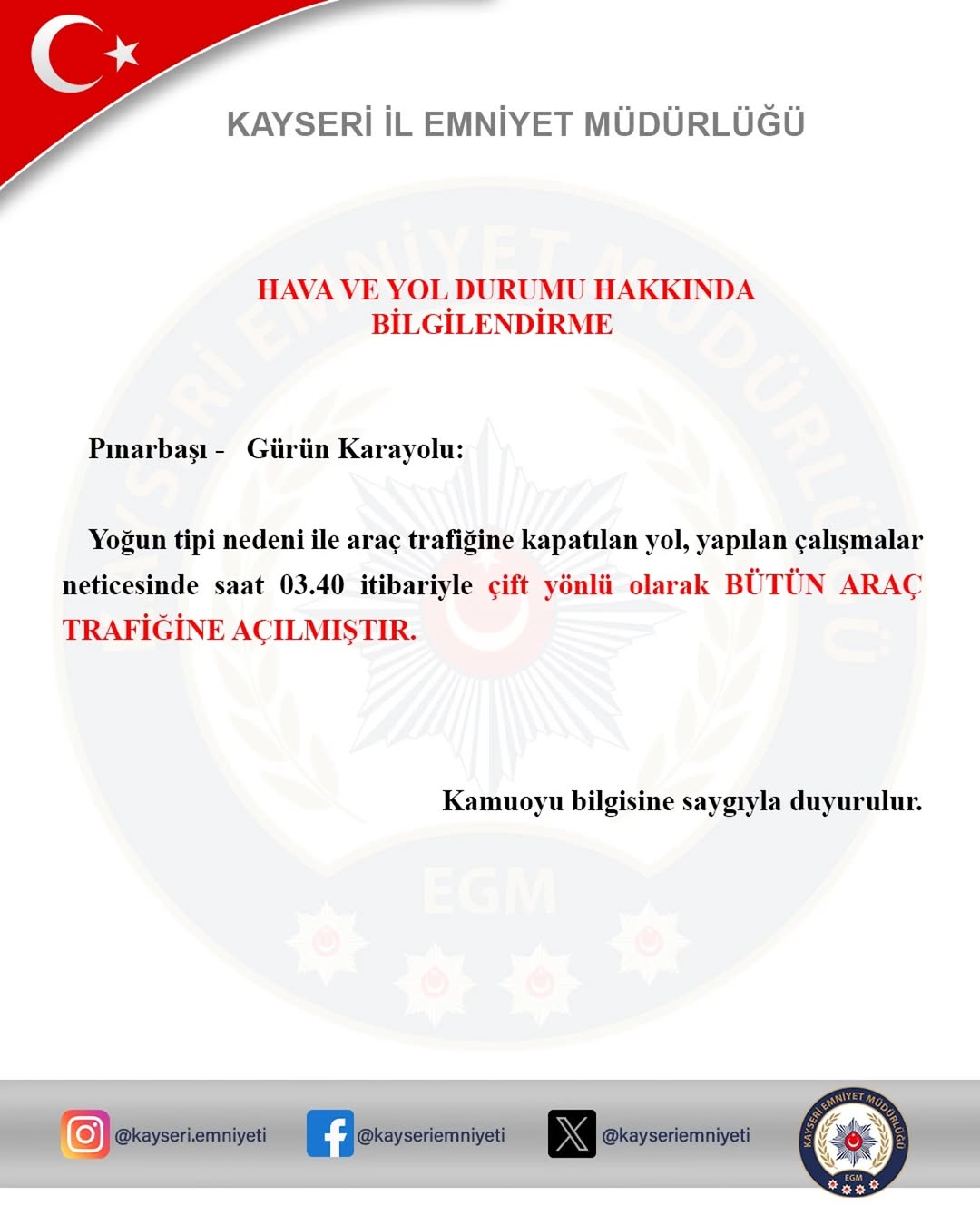 Kayseri'de Trafik ve Hava Durumu Bilgilendirmesi Yapıldı