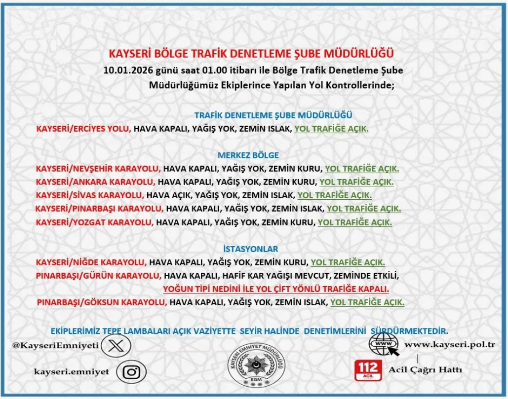 Kayseri'de 10 Ocak Gece Yarısı Yol ve Hava Durumu Bilgilendirmesi