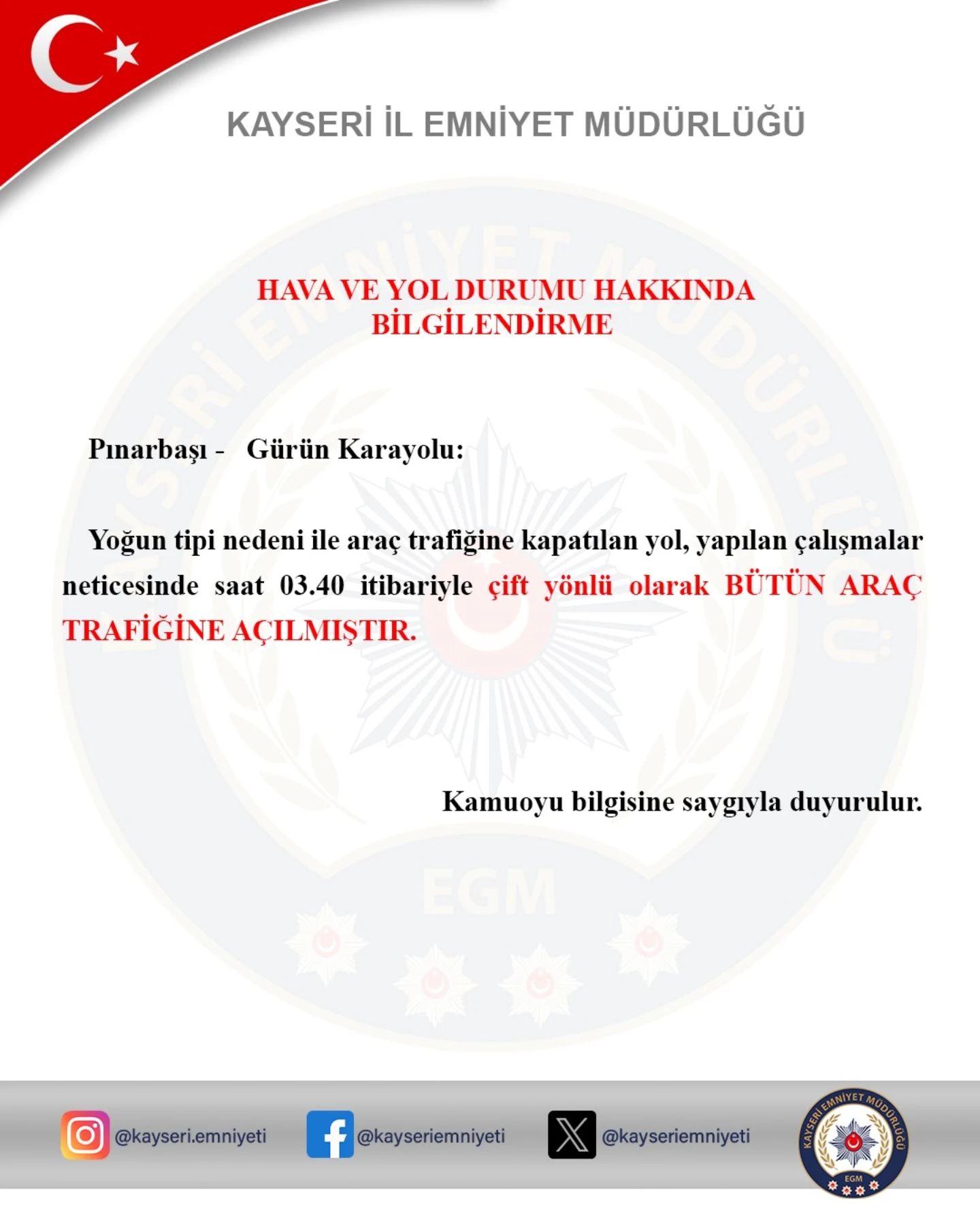 Kayseri'de Trafik ve Hava Durumu Bilgilendirmesi Yapıldı