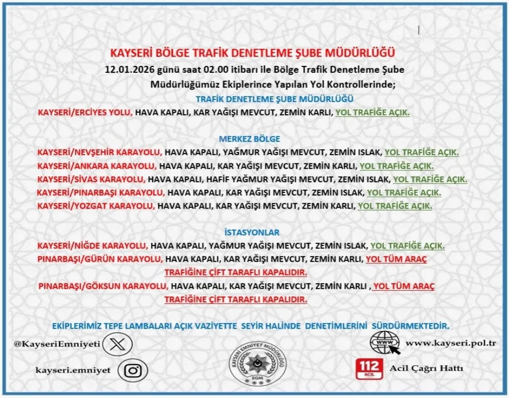 Kayseri'de Gece Saatlerinde Hava ve Yol Durumu Değerlendirmesi