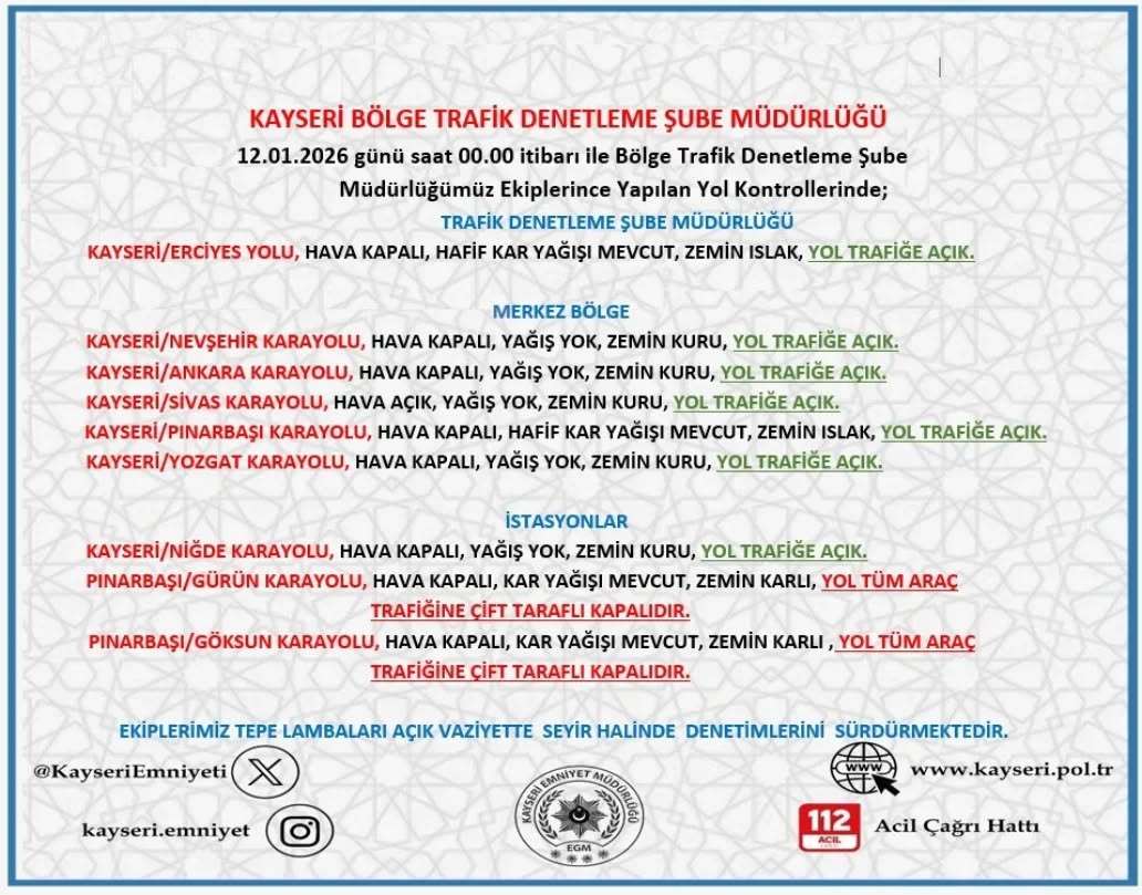 Kayseri'de Yol ve Hava Durumu: Trafik ve Meteoroloji İşbirliğiyle Anlık Bilgilendirme