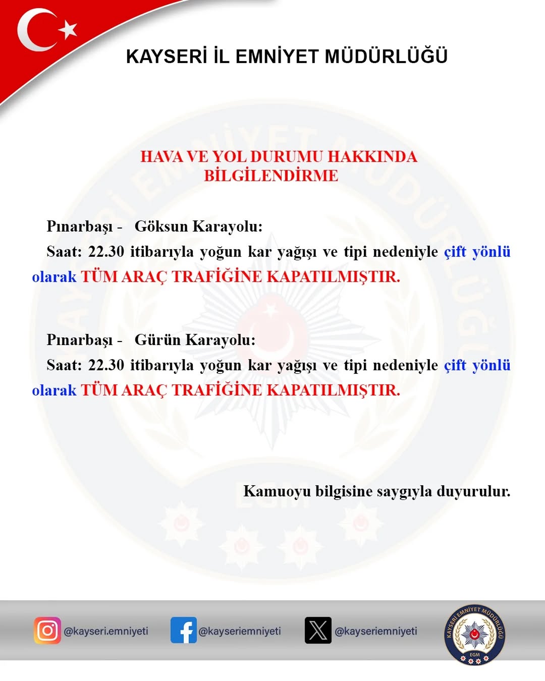 Kayseri'de Yoğun Kar Yağışı Ulaşımı Olumsuz Etkiliyor