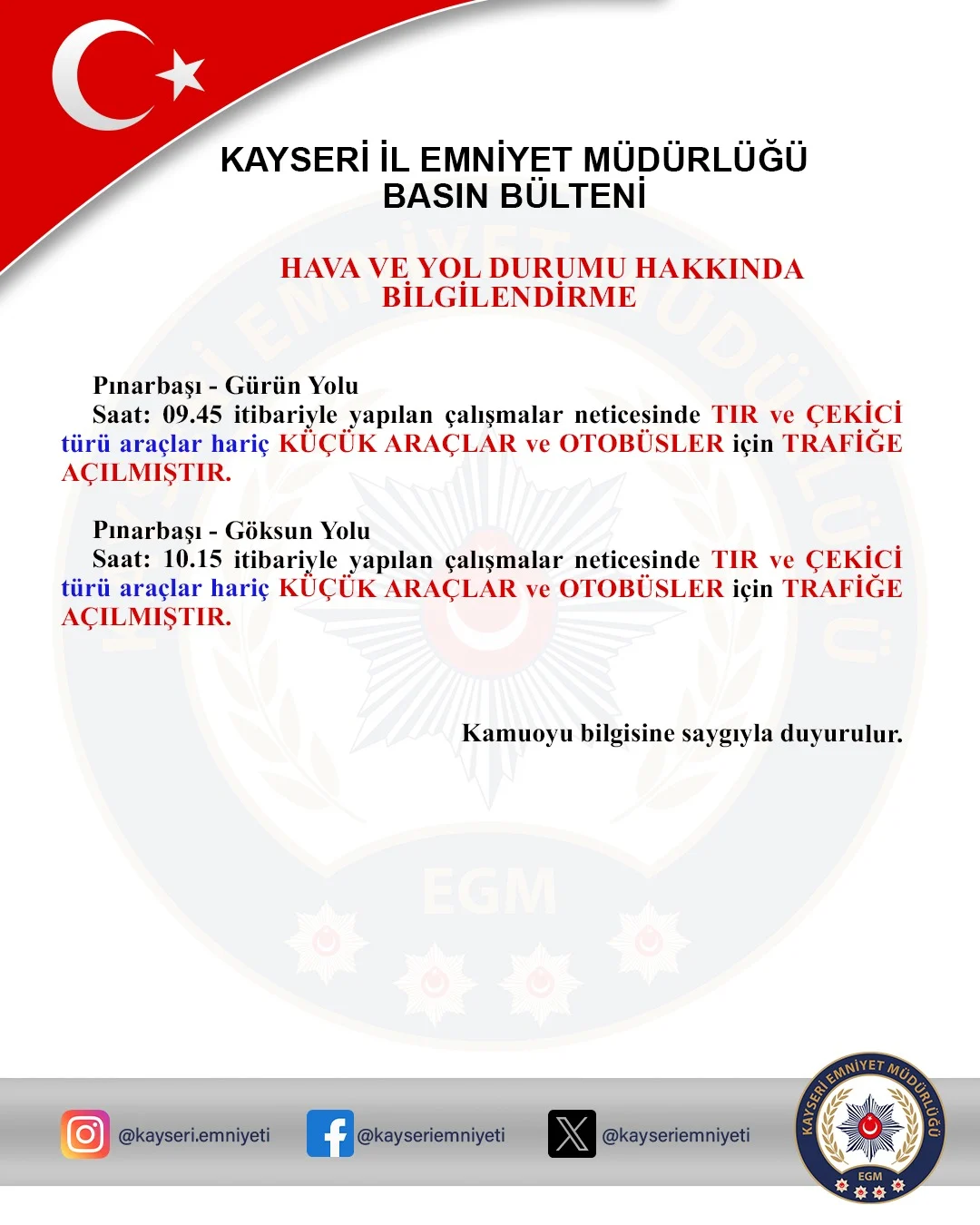 Kayseri'de Yoğun Kar Yağışı ve Buzlanma Uyarısı