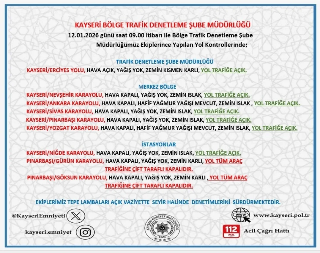 Kayseri'de 12 Ocak 2026 Sabahı Yol ve Hava Durumu Değerlendirmesi