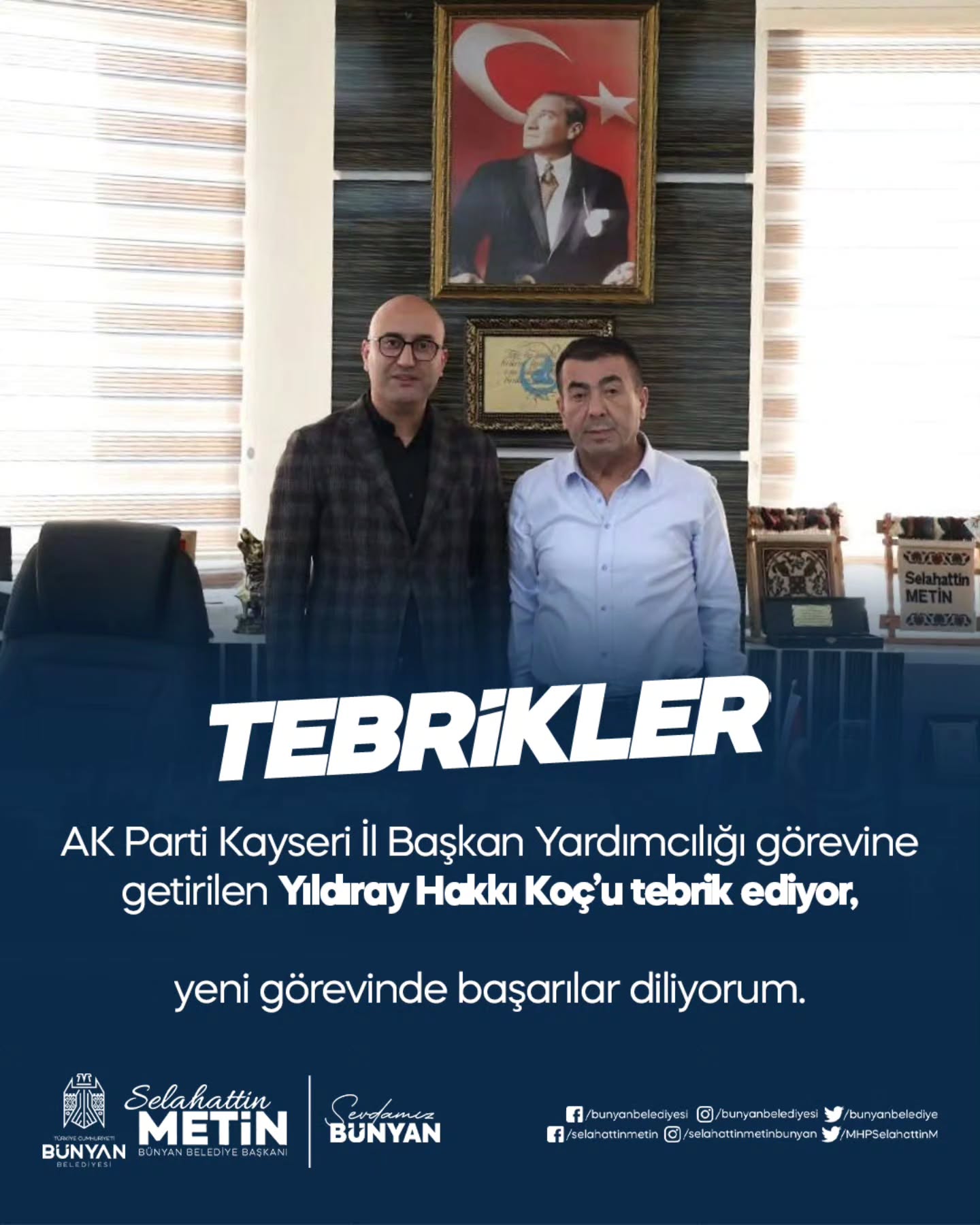 Bünyan Belediyesi'nden AK Parti'deki Yeni Atama İçin Tebrik Mesajı